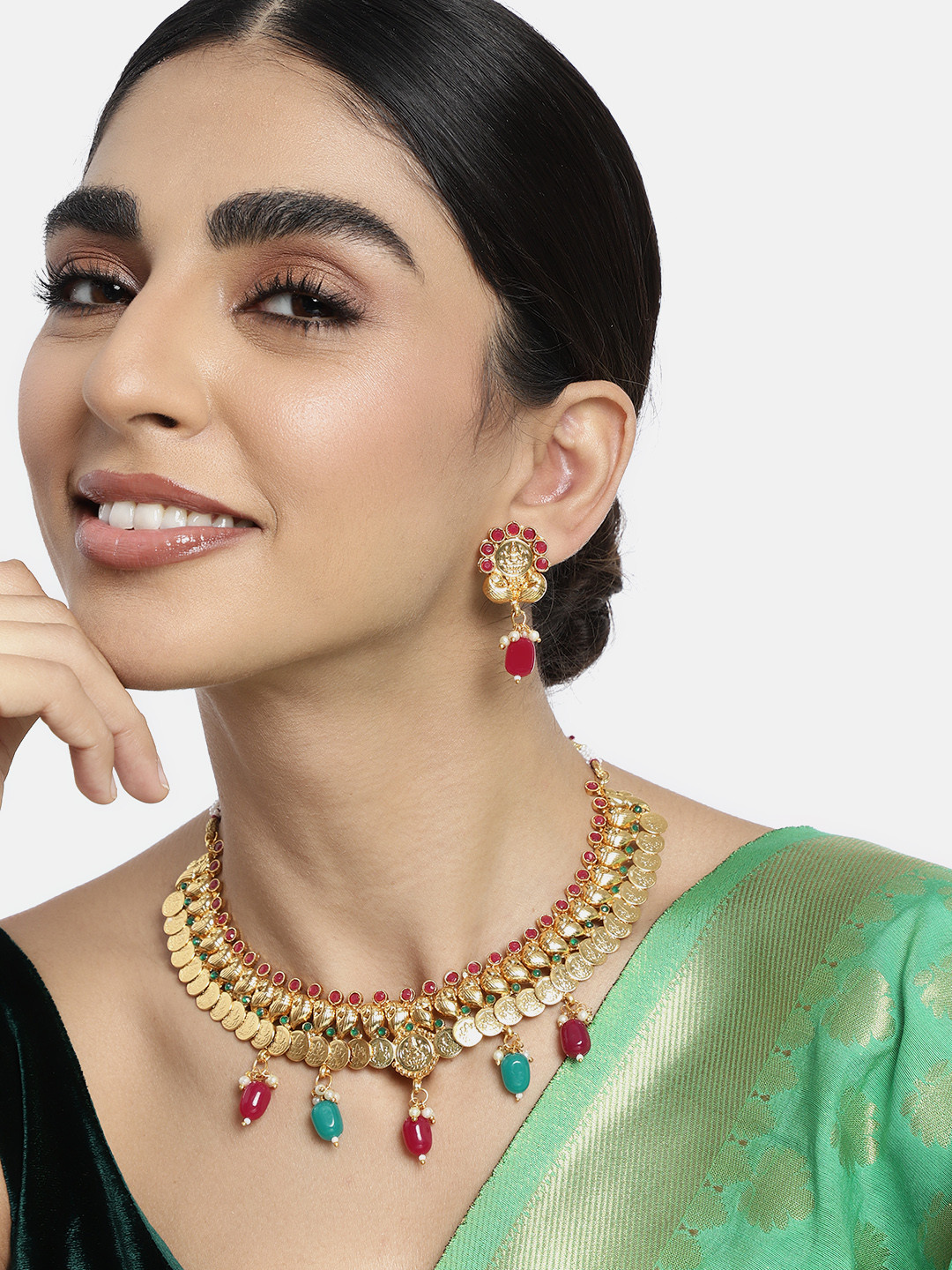 Peora Traditional Red & Green Gold Plated Jadau Goddess Laxmi Necklace Jewellery Set