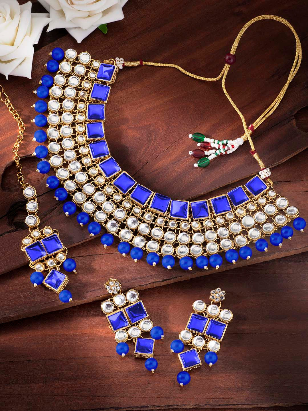 Peora Blue Traditional Gold-Plated Kundan Stone Studded Choker Necklace Jewellery Set
