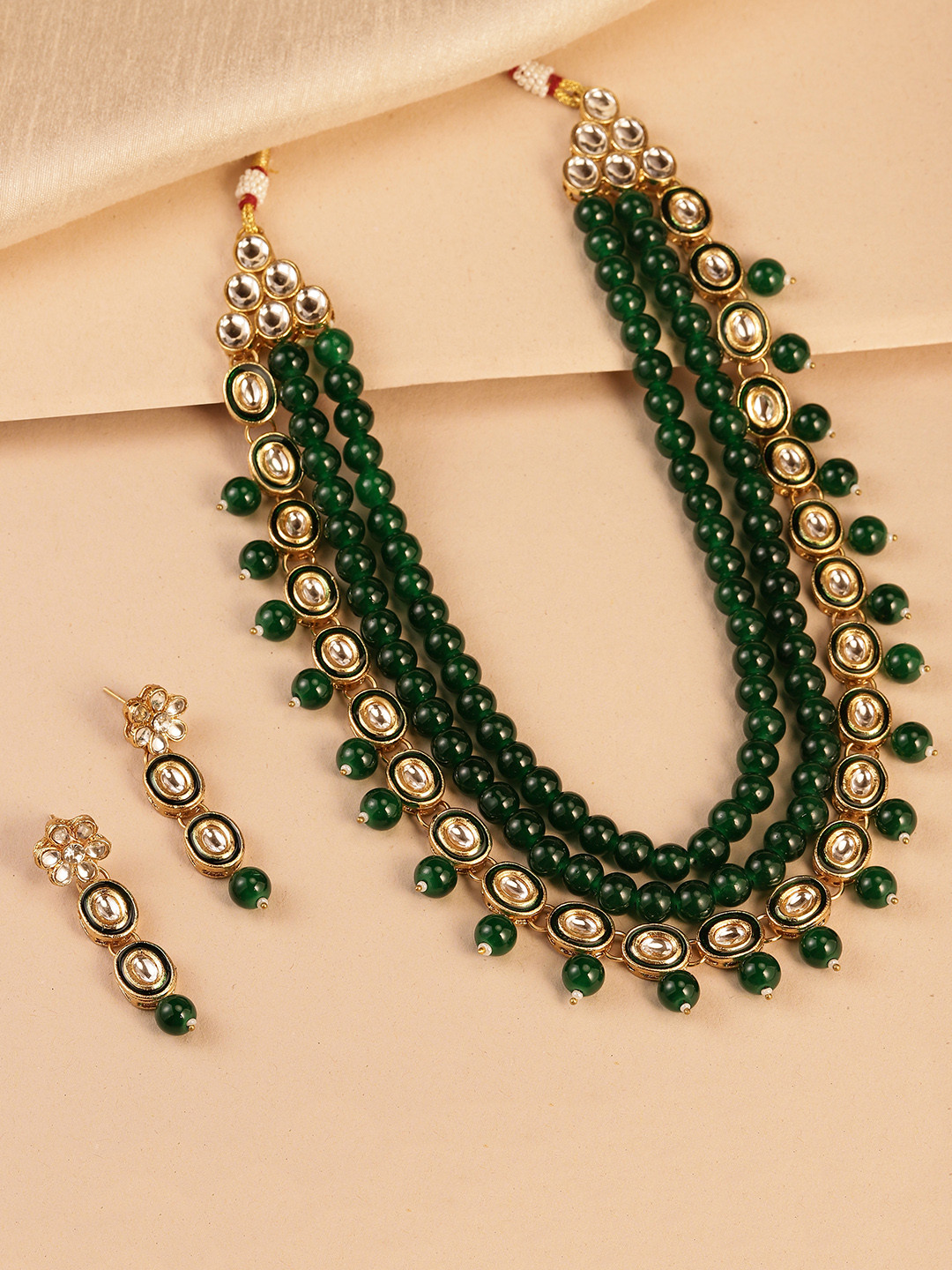 Peora Green & White Gold Plated Beaded Long Necklace & Earing Set