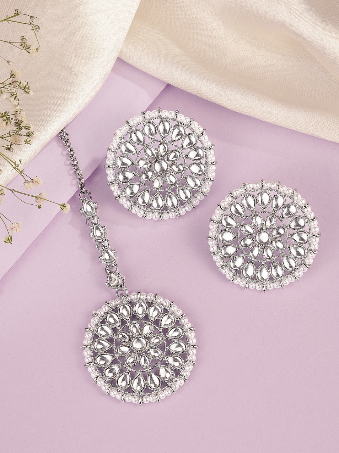 Peora White Silver-Plated Kundan Faux Pearl Studded Earrings & Maang Tikka Jewellery Set