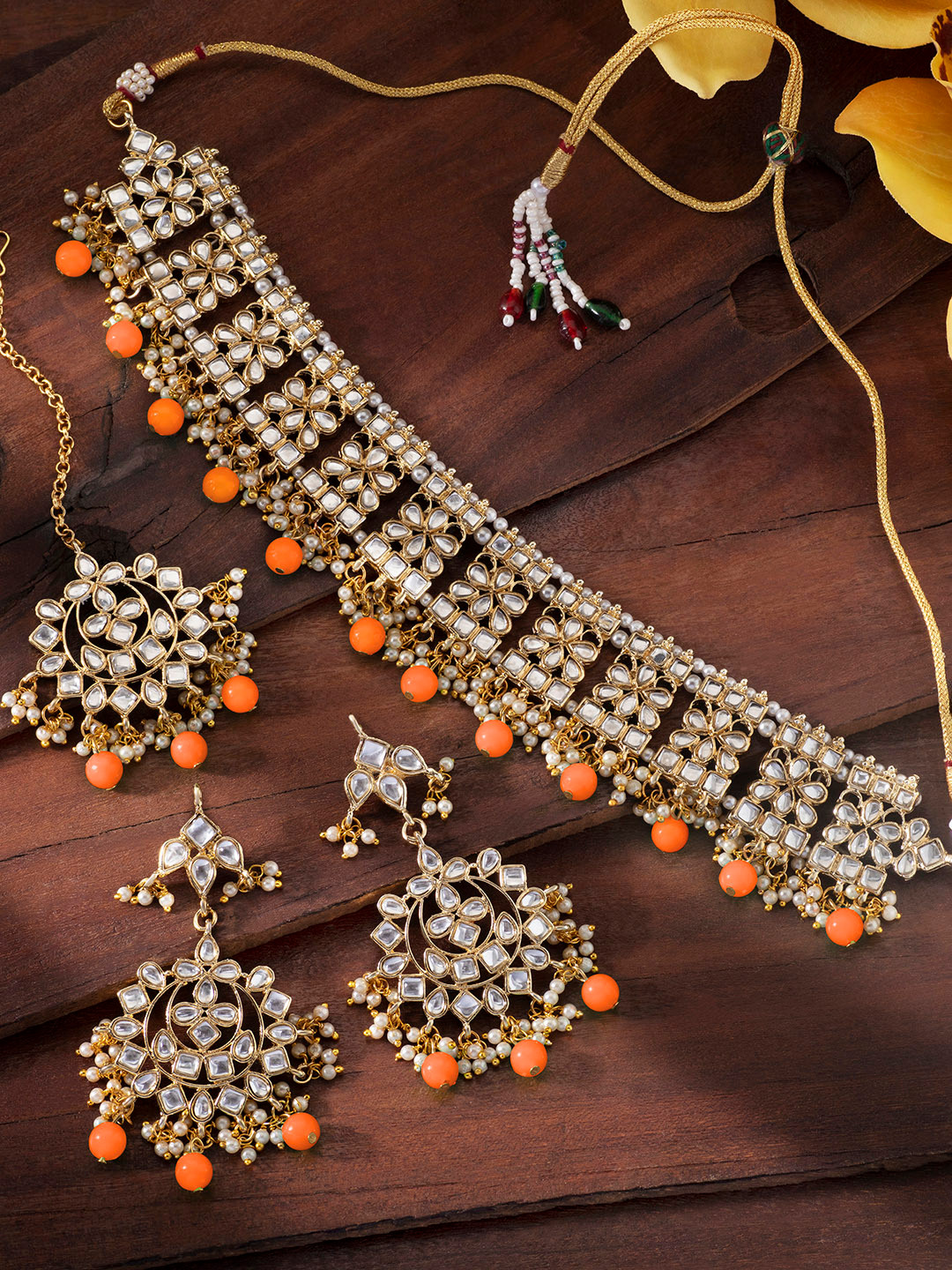 Peora Gold-Toned & Orange Choker Jadau Necklace with Earring & Maang Tikka Jewellery Set