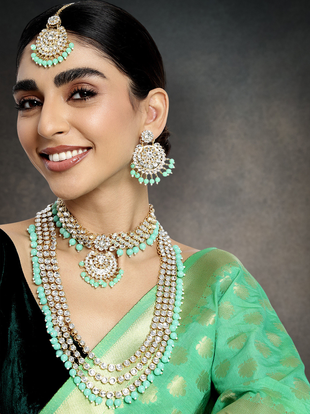 Peora Sea Green Gold Plated Kundan Beads Necklace Jewellery Set