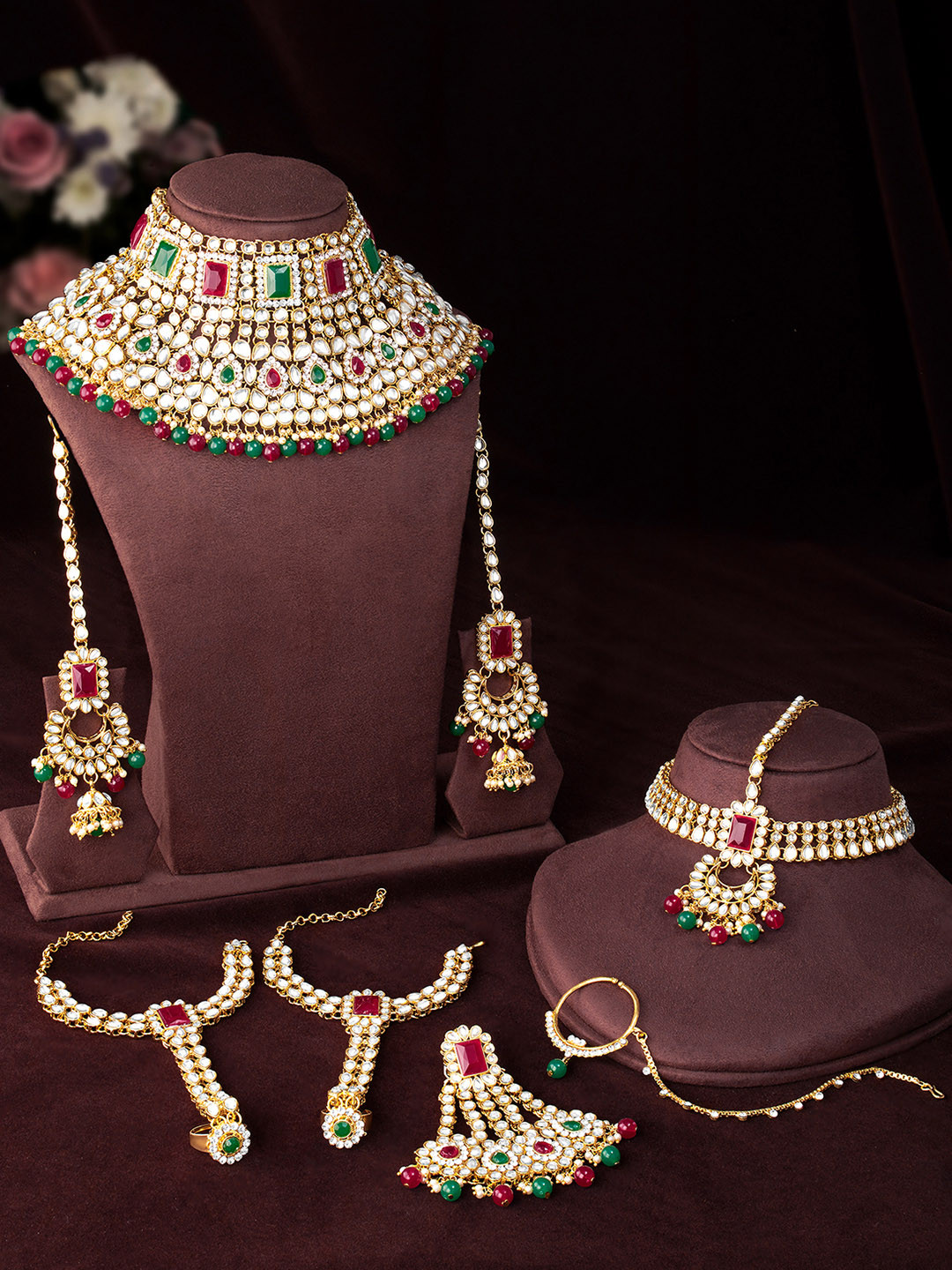 Peora Green & Maroon 18K Gold-Plated Jadau Kundan Studded & Beaded Jewellery Set