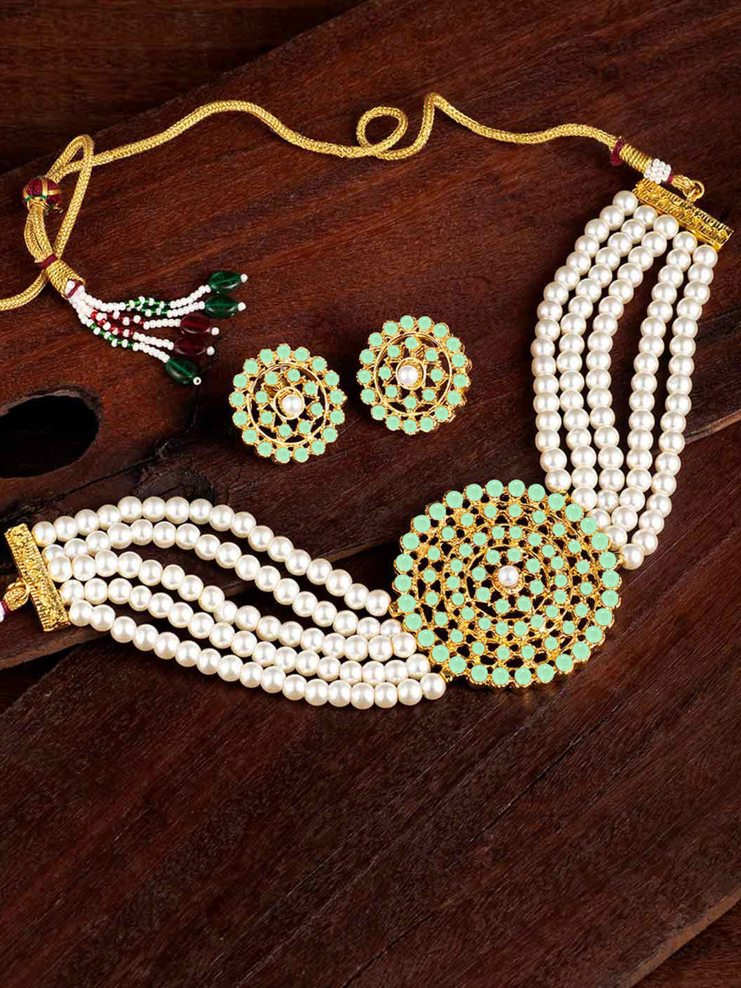 Peora Gold-Plated & Sea Green Pearl Studded Necklace Set
