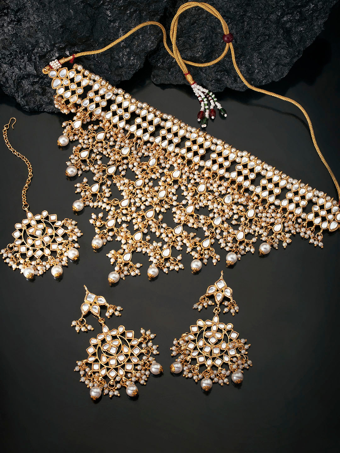 Peora Gold Plated Traditional Kundan Choker Necklace Set with Earrings & Maang Tikka