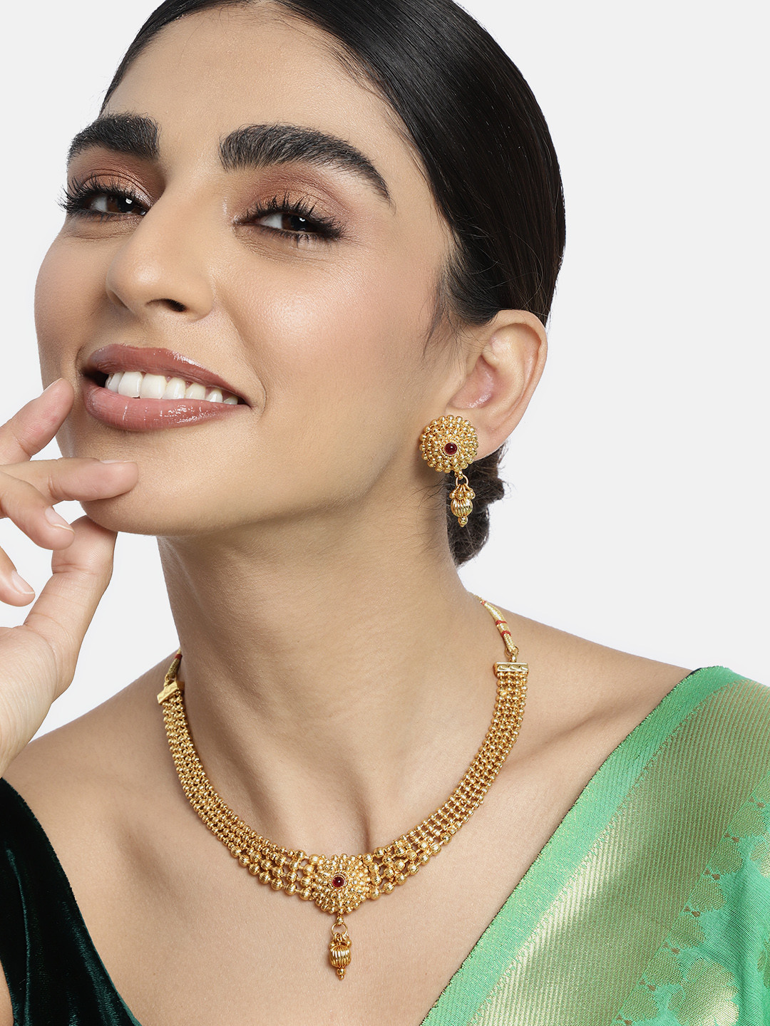 Peora Pink Gold-Plated Stone Studded Jadau Jewellery Set