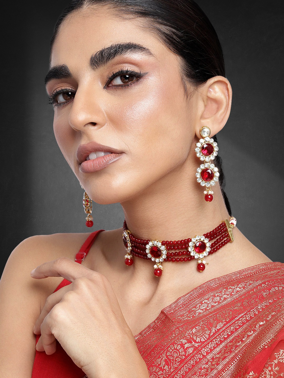 Peora Maroon Traditional Gold-Plated Stone Beads Studded Choker Necklace Jewellery Set