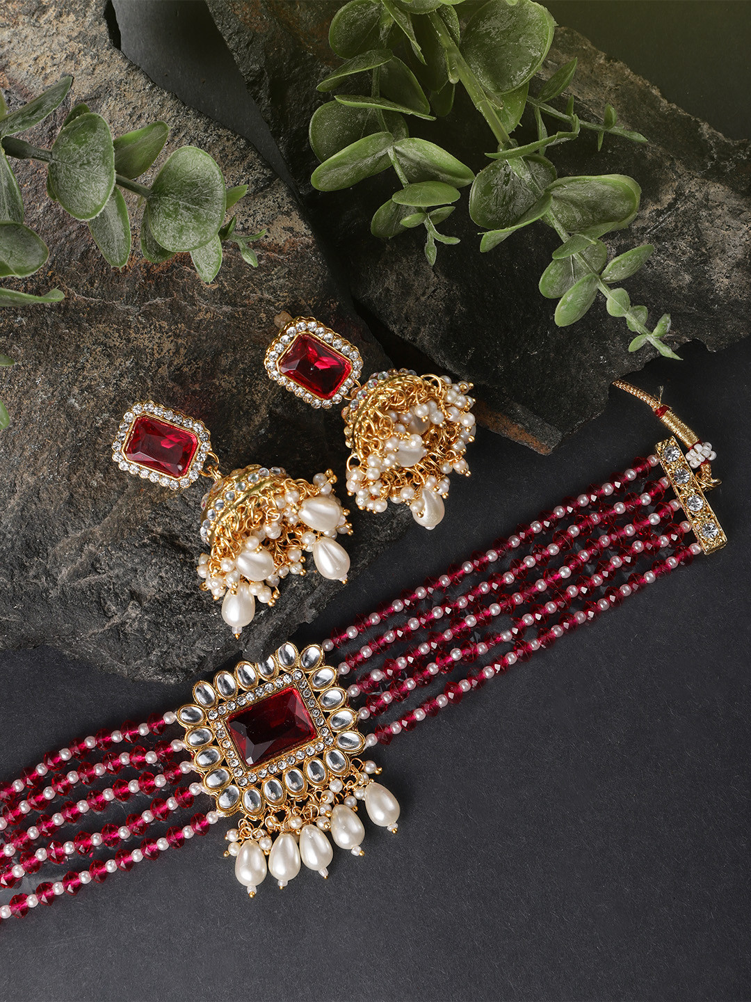 Peora Women Pink Gold-Plated Choker Necklace & Earrings