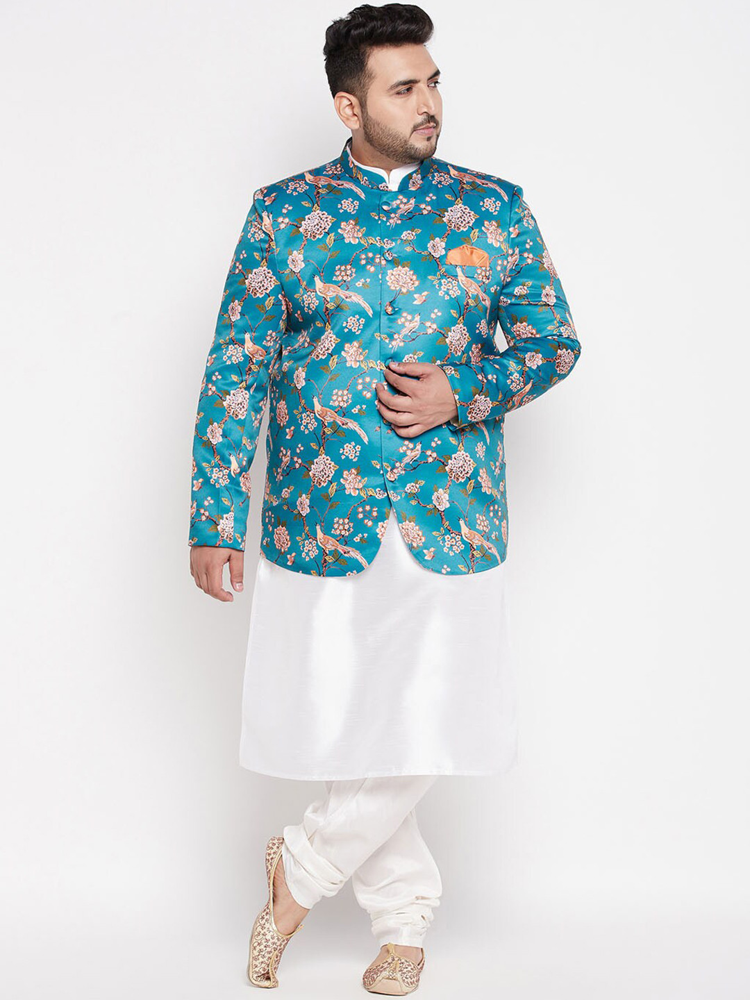 VASTRAMAY Men Plus Size White Regular Kurta with Churidar & Bandhgala Jodhpuri