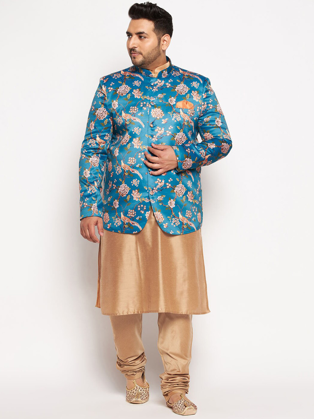 VASTRAMAY Men Rose Gold Floral Kurta with Churidar