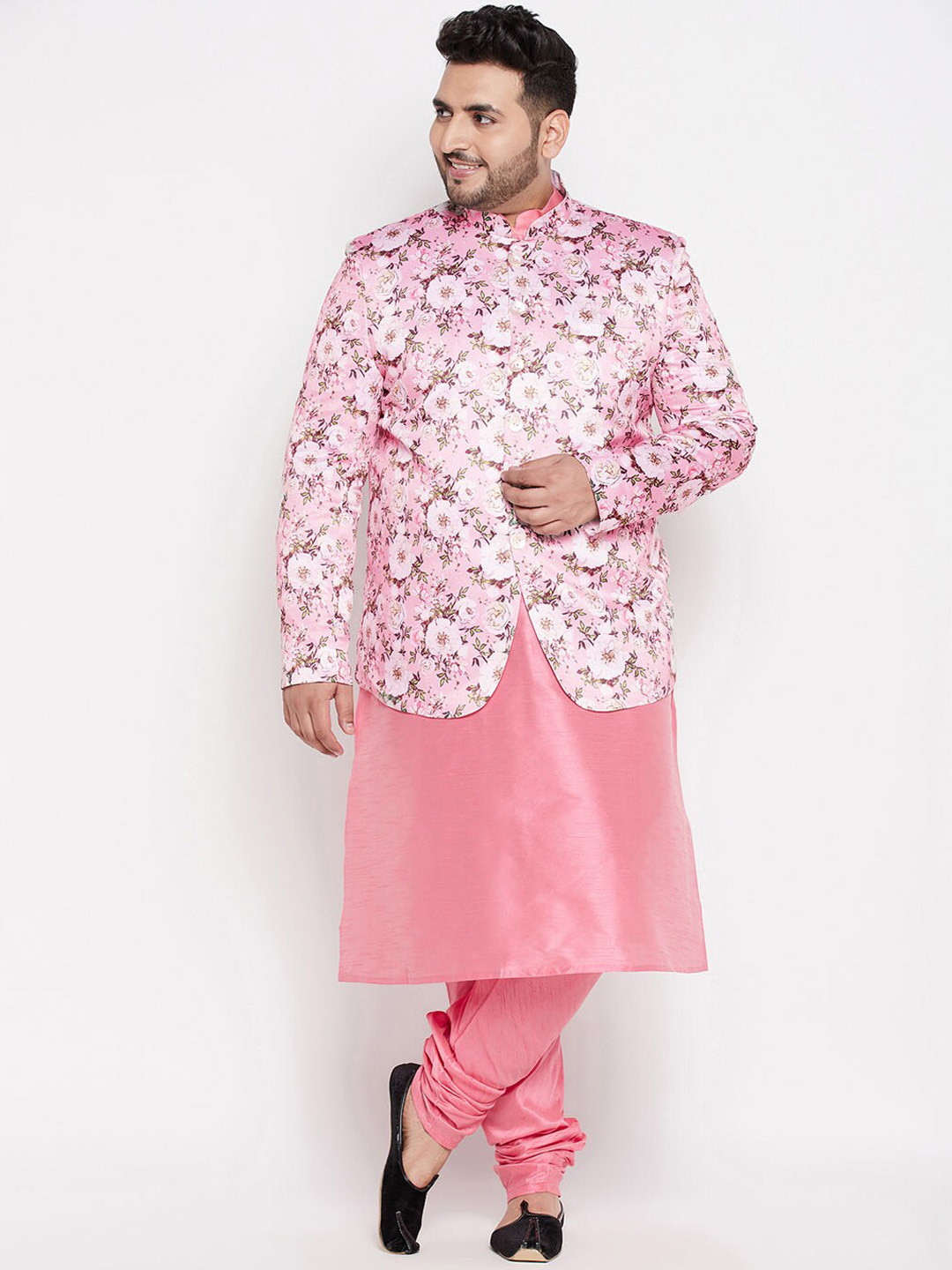 VASTRAMAY Men Pink Floral Kurta with Churidar