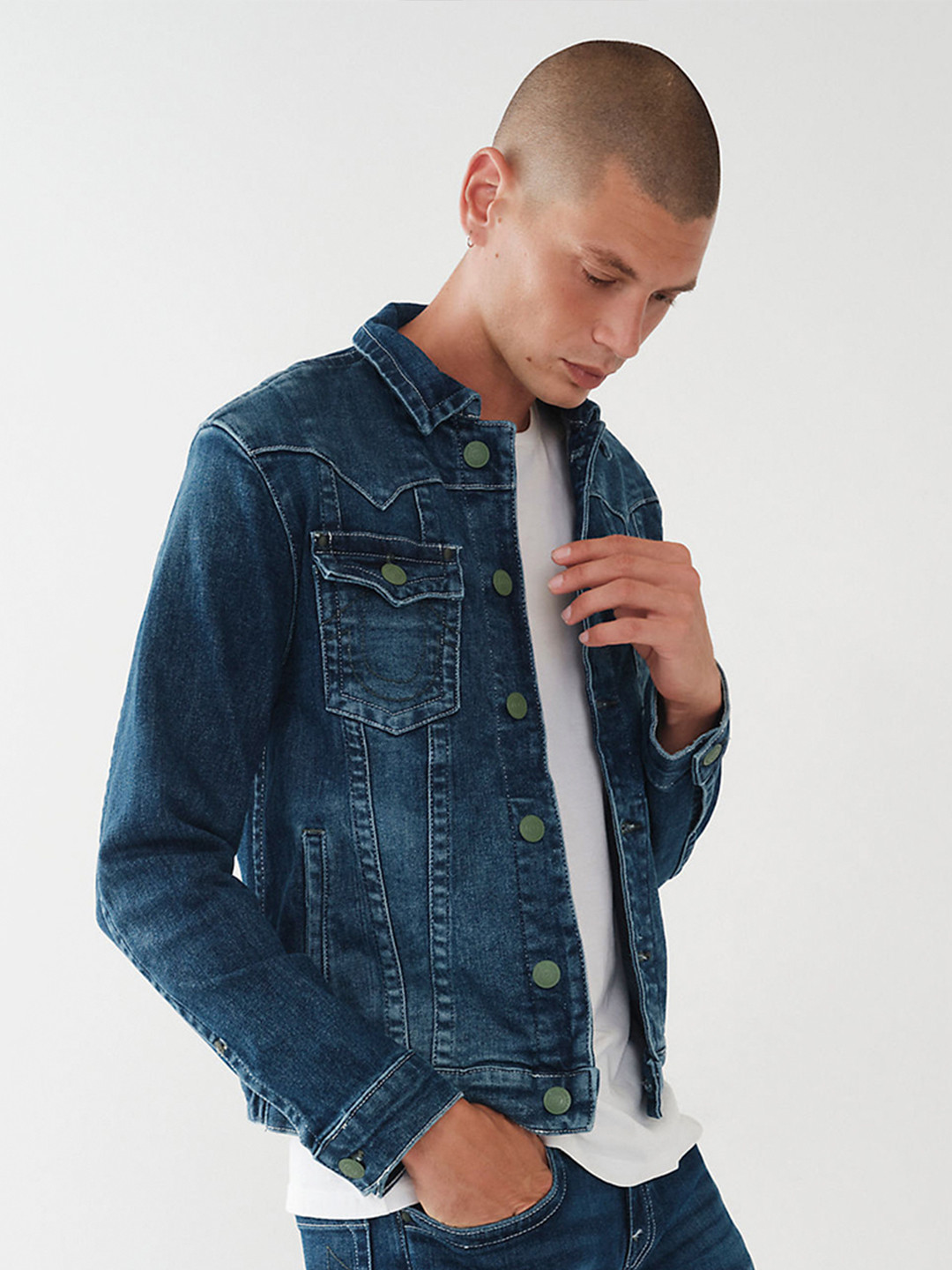True Religion Men Blue Washed Lightweight Denim Jacket with Embroidered