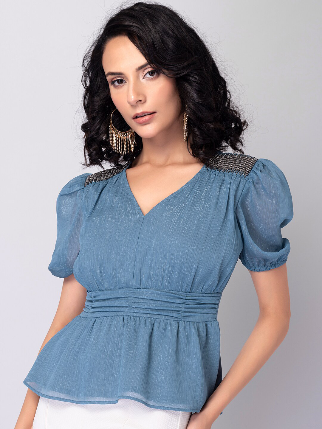 FabAlley Blue Georgette Cinched Waist Top