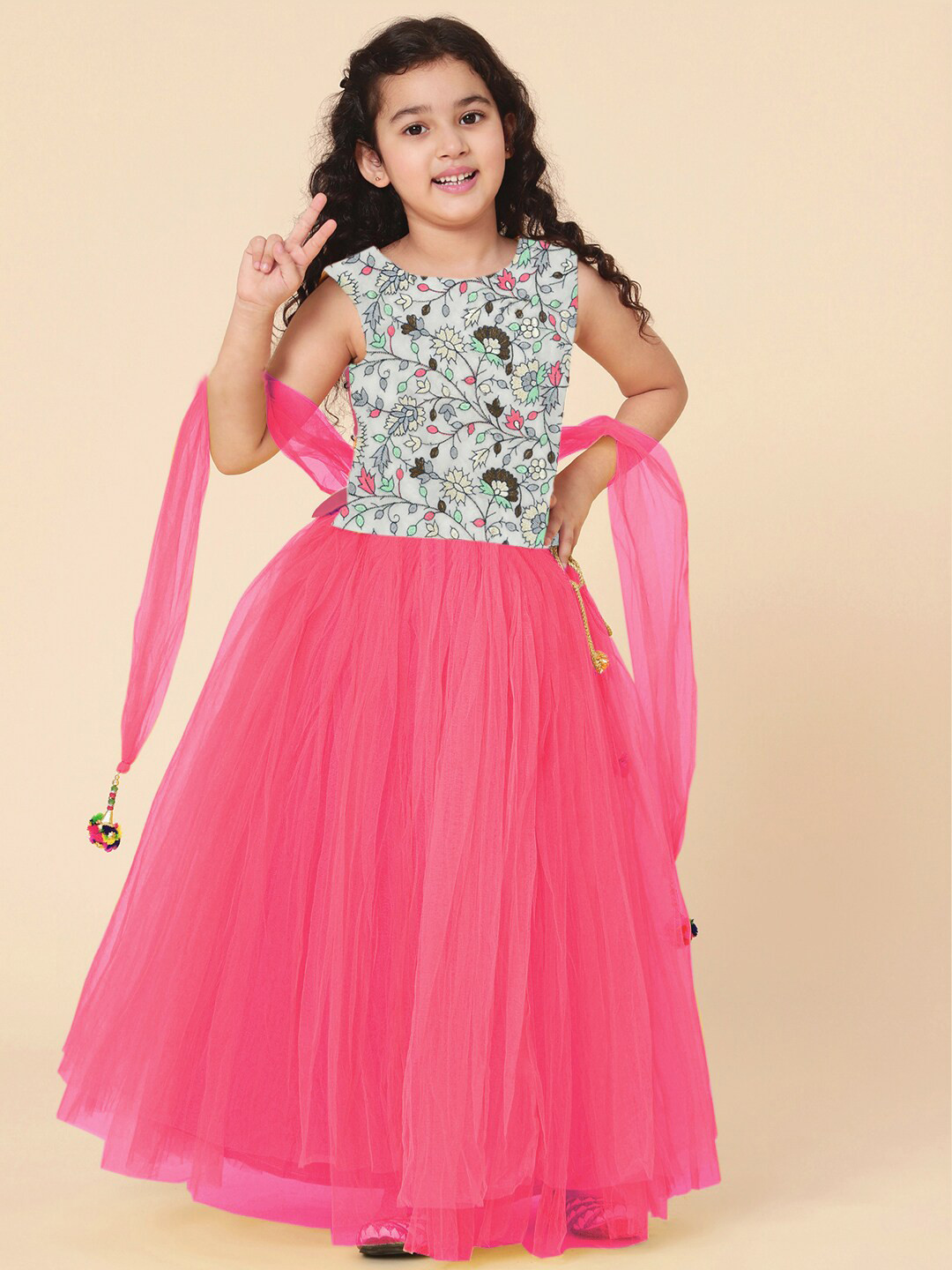 A T U N Girls Pink & Grey Embroidered Lehenga Choli With Dupatta