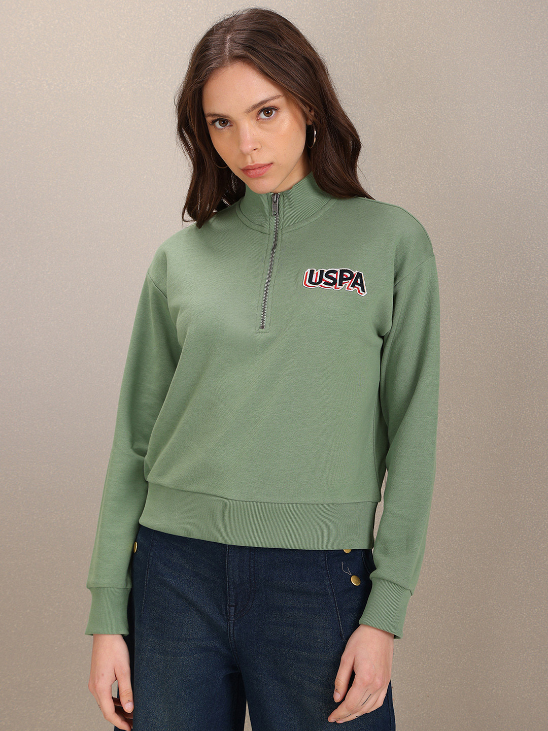 U S Polo Assn Women Women Green Solid Sweatshirt