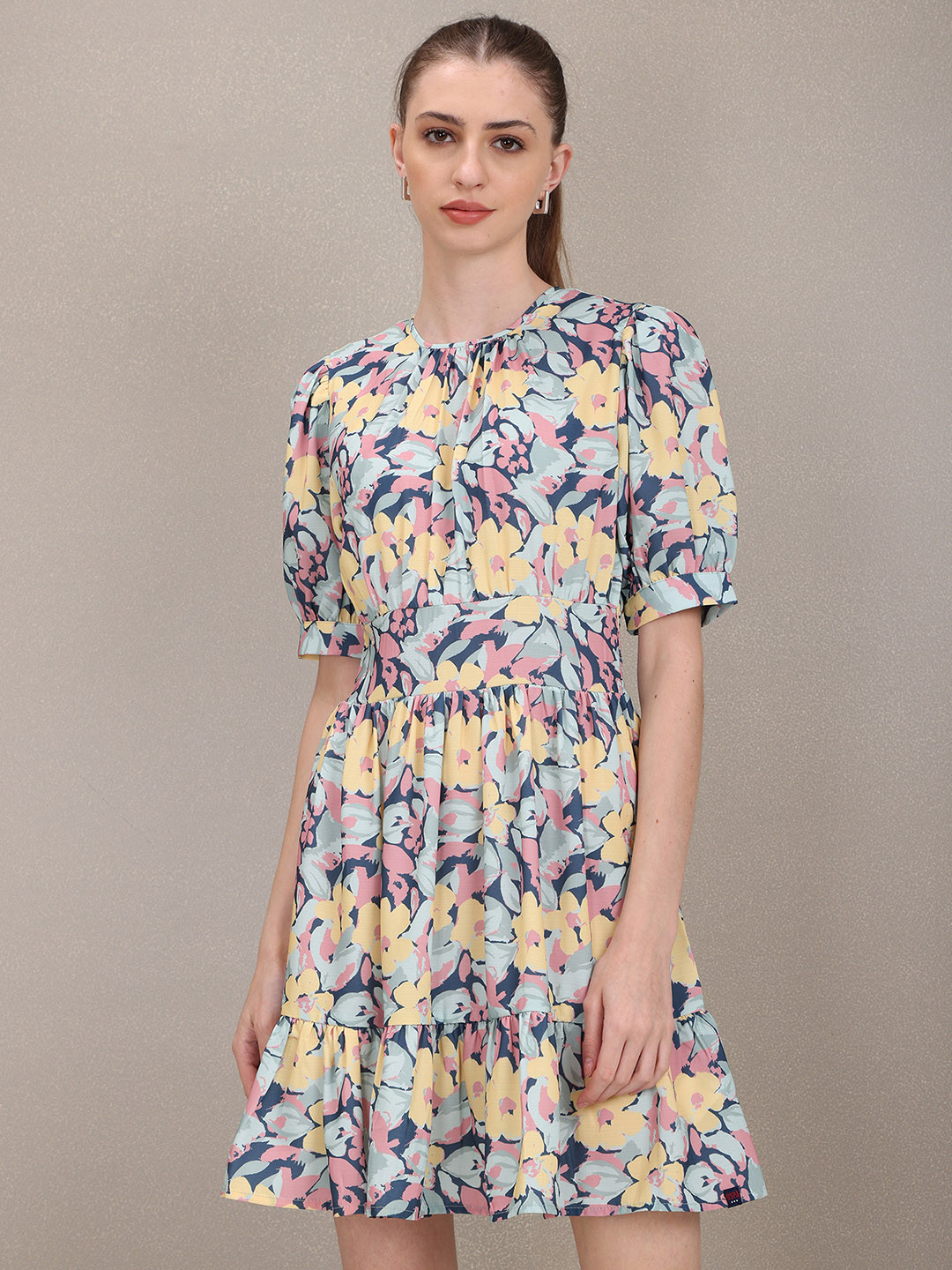 U S Polo Assn Women Blue & Lime-Green Floral A-Line Mini Dress