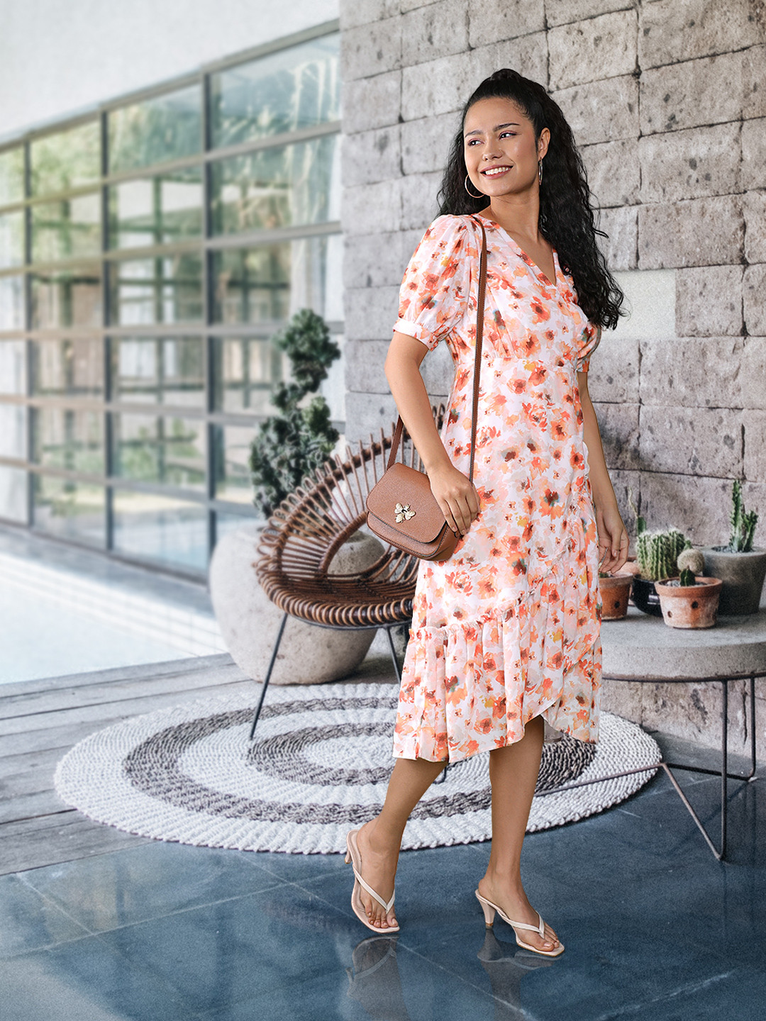 U S Polo Assn Women Peach-Coloured & White Floral Midi Dress