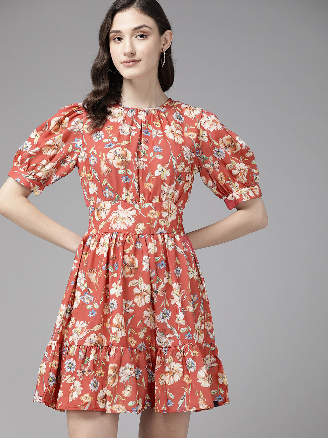 U S Polo Assn Women Rust Red & Yellow Floral Fit & Flare Dress