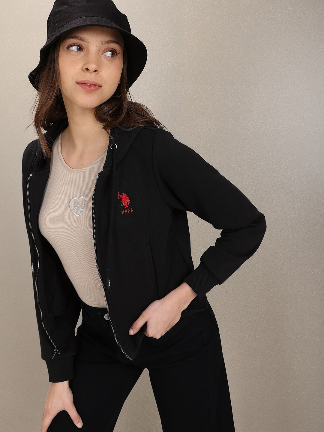 U.S. Polo Assn. Women Black Solid Hooded Sweatshirt