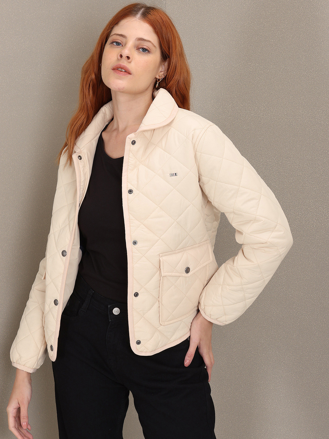 U S Polo Assn Women Women Cream-Coloured Solid Quilted Jacket