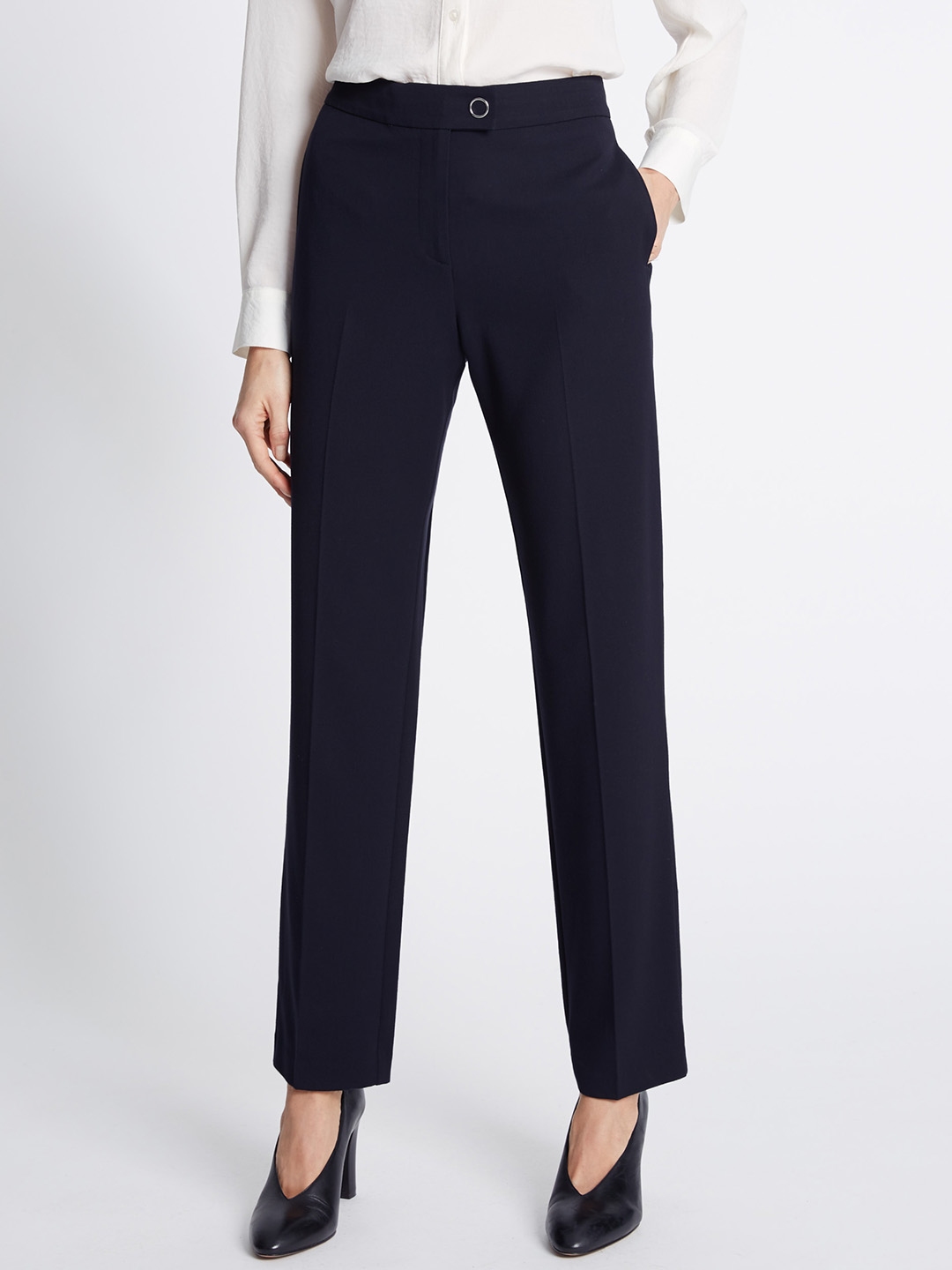 Marks & Spencer Women Navy Blue Straight Fit Solid Formal Trousers