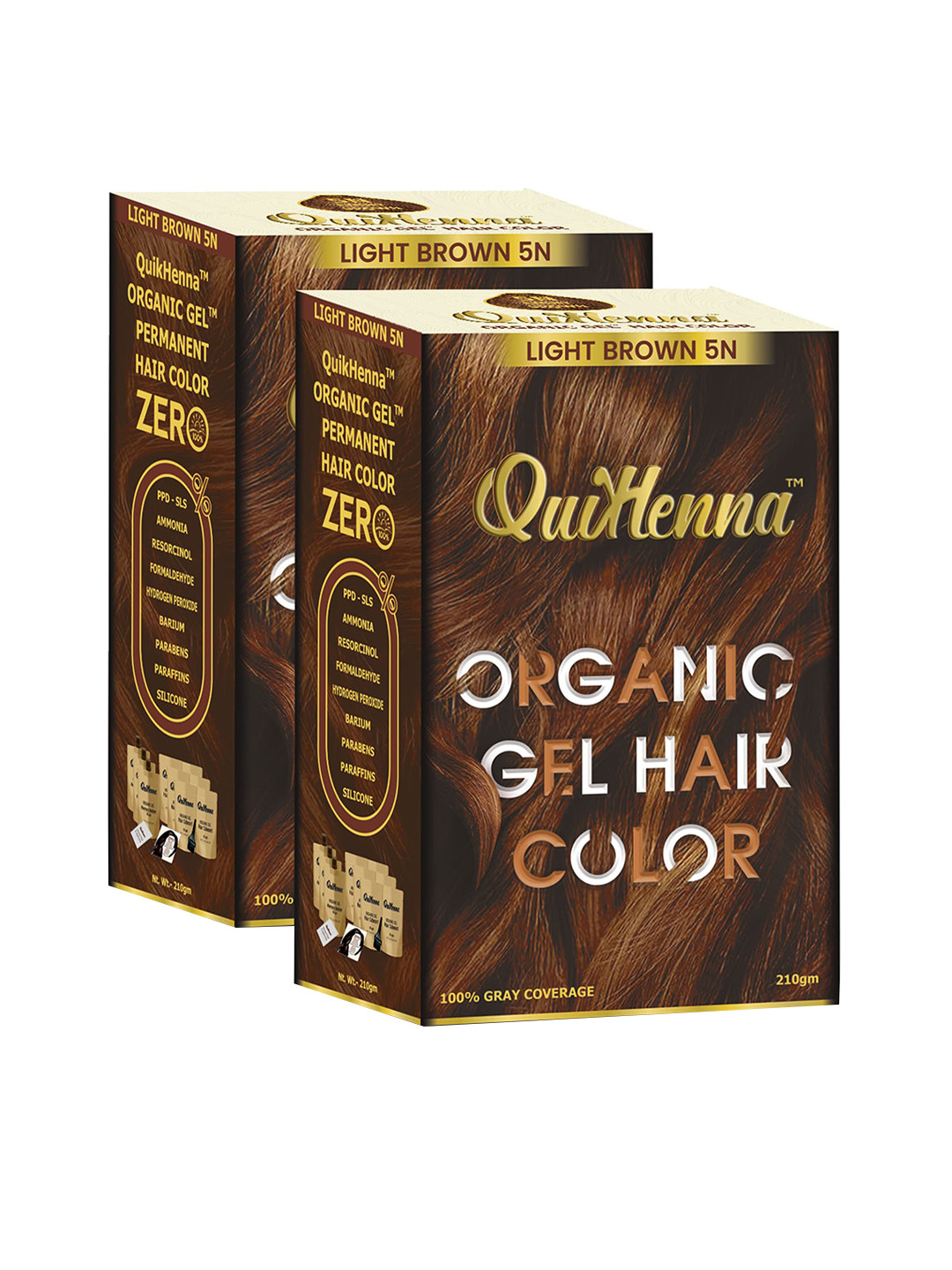 QUIKHENNA Set Of 2 Organic Gel PPD & Ammonia Free Hair Colour 210gm Each - Light Brown 5N
