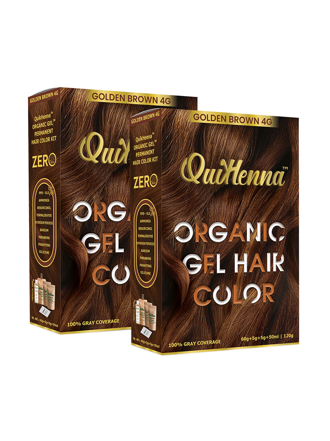 QUIKHENNA Set of 2 Damage Free Organic Gel Hair Color 120 g Each - Golden Brown 4G