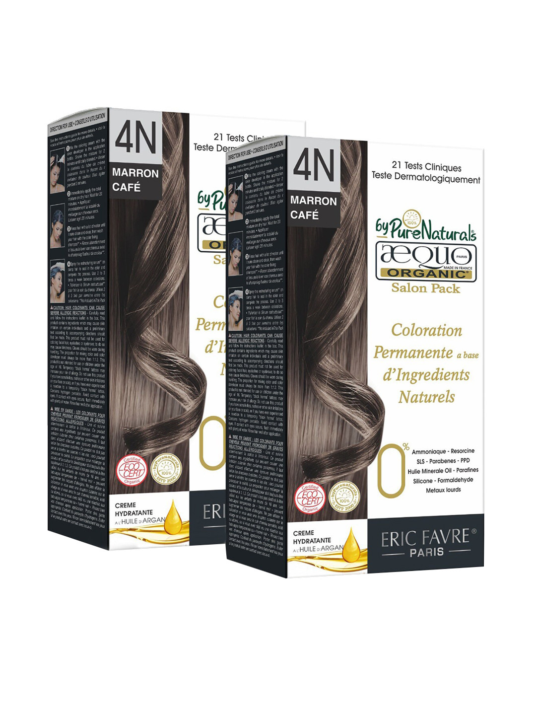 Aequo Organic Set of 2 Permanent Cream Hair Color 120ml each - Cafe Medium Brown 4N