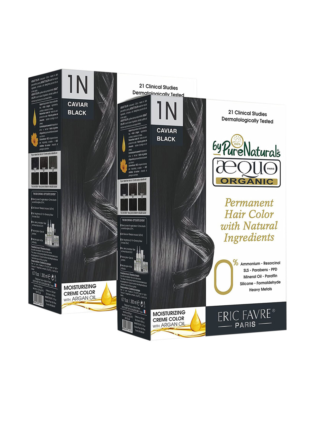 Aequo Organic Set of 2 Permanent Cream Hair Color 200 ml Each - Caviar Jet Black 1N