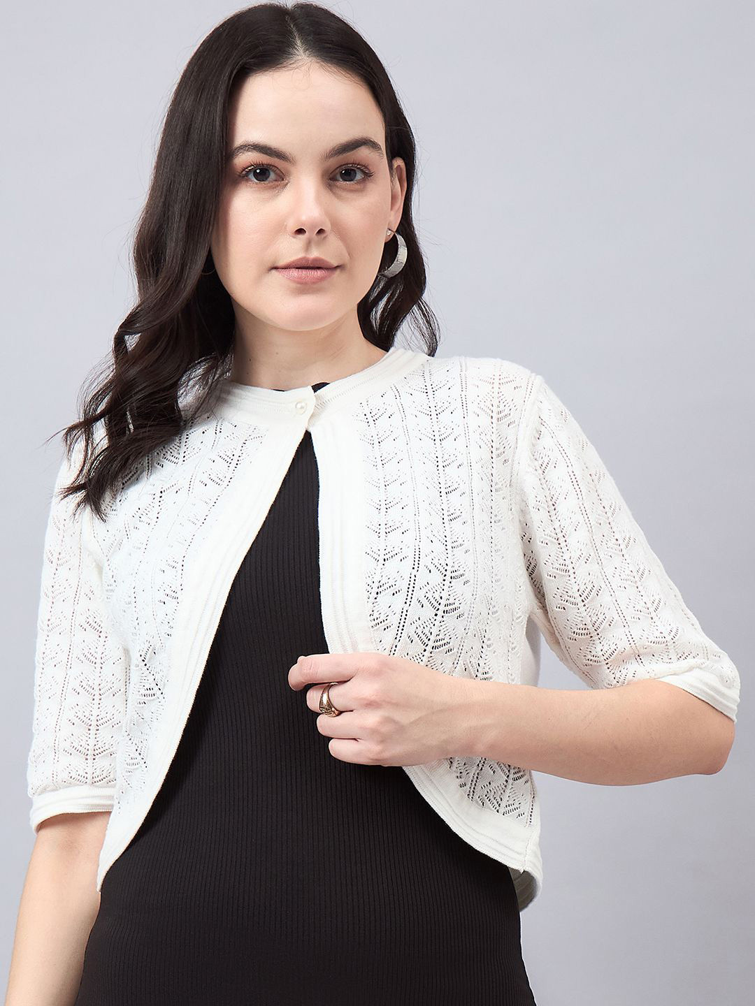 Style Quotient Self Design Cotton Crop Button Shrug