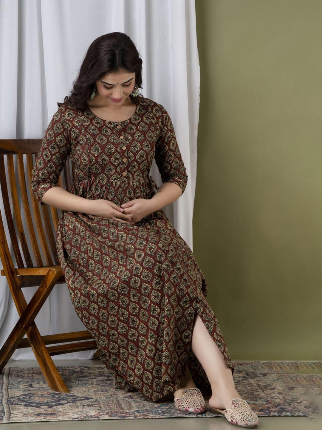 SHOOLIN Pure Cotton Floral Printed Maternity Maxi Midi Dress