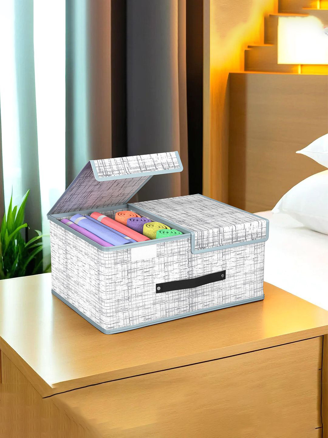 Kuber Industries Grey & White Foldable Double Lid Multi-Utility Organisers