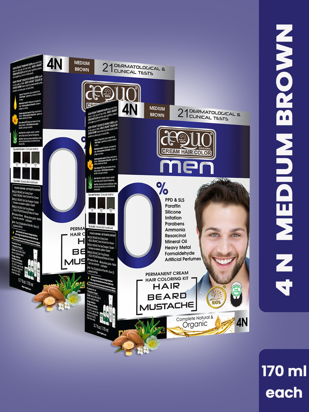 Aequo Organic Men Set of 2 Organic Hair Color Kit 170 ml Each - Medium Brown 4N