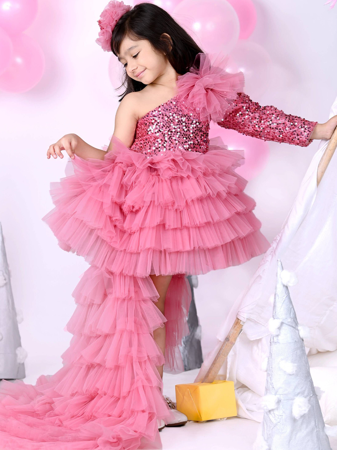 Foreverkidz Girls Embellished One Shoulder Net Fit & Flare Dress With Trail