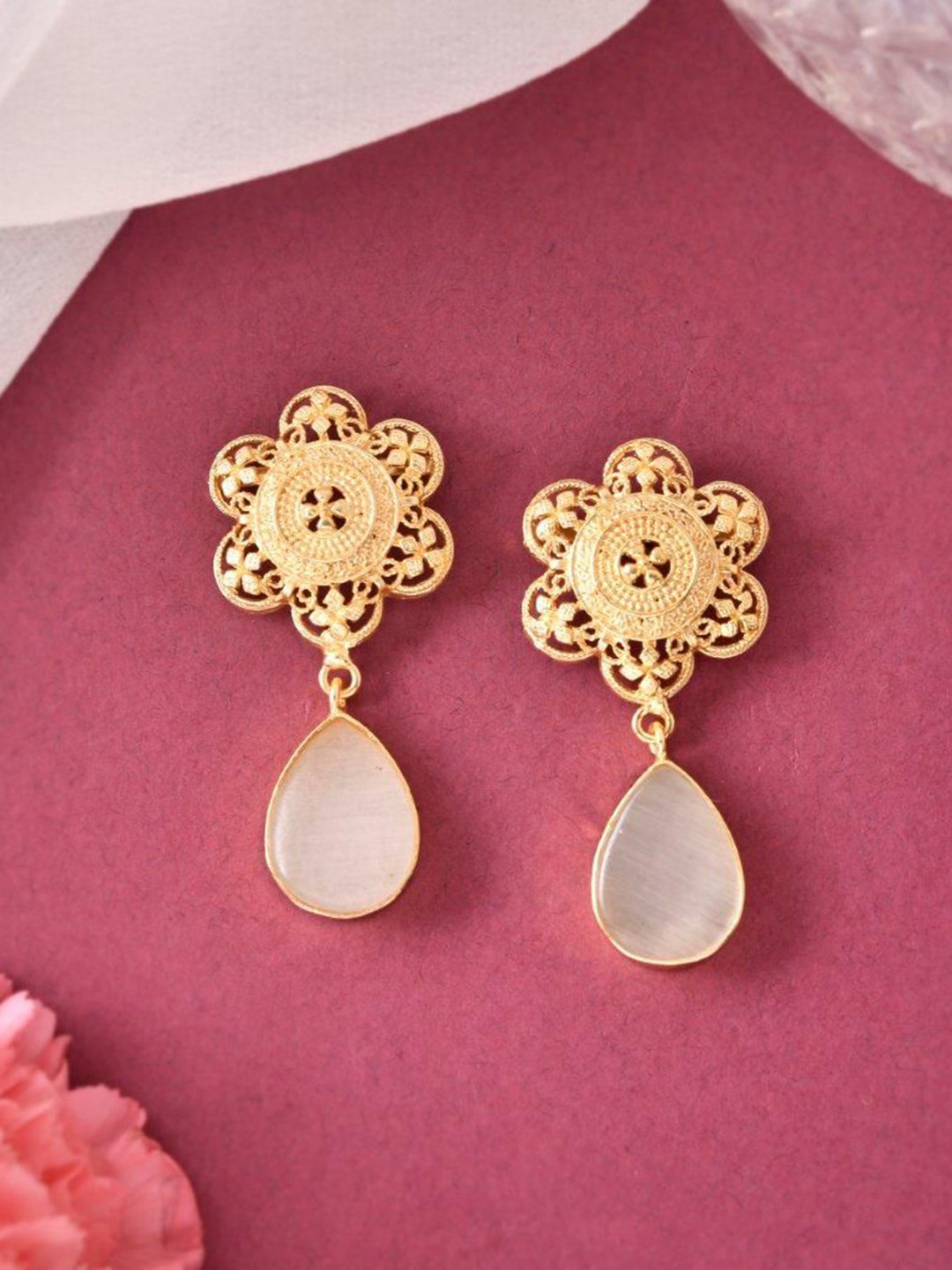 VOJ Gold Plated Stainless Steel Flower Shaped Stone Studded Drop Earrings