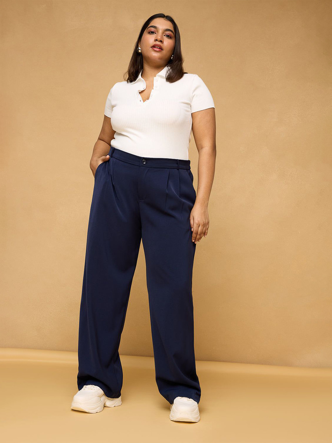 FREAKINS Curve Navy Blue Pleated Korean Pants