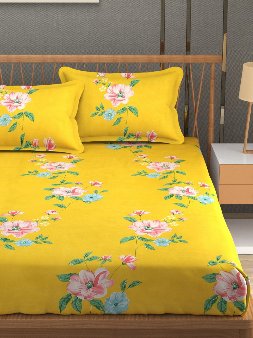 MallowWorld Design9 Yellow Floral Microfiber 200 TC King Fine Bedsheet with 2 Pillow Covers-228 x 254 cm
