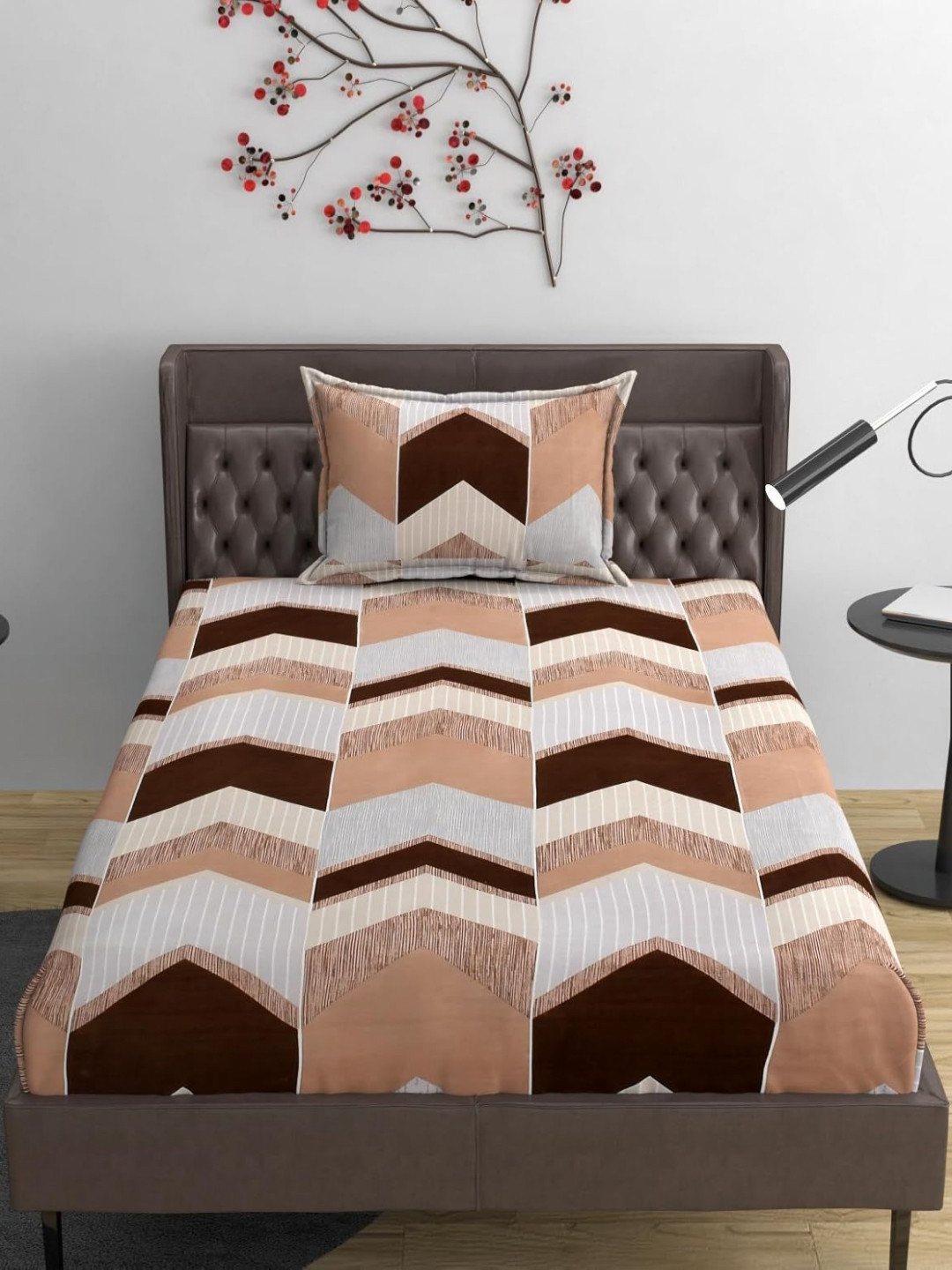 Innovative Edge Brown Abstract Cotton 160 TC Fitted Single Superfine Bedsheet with a Pillow Cover-48 x 78 inches