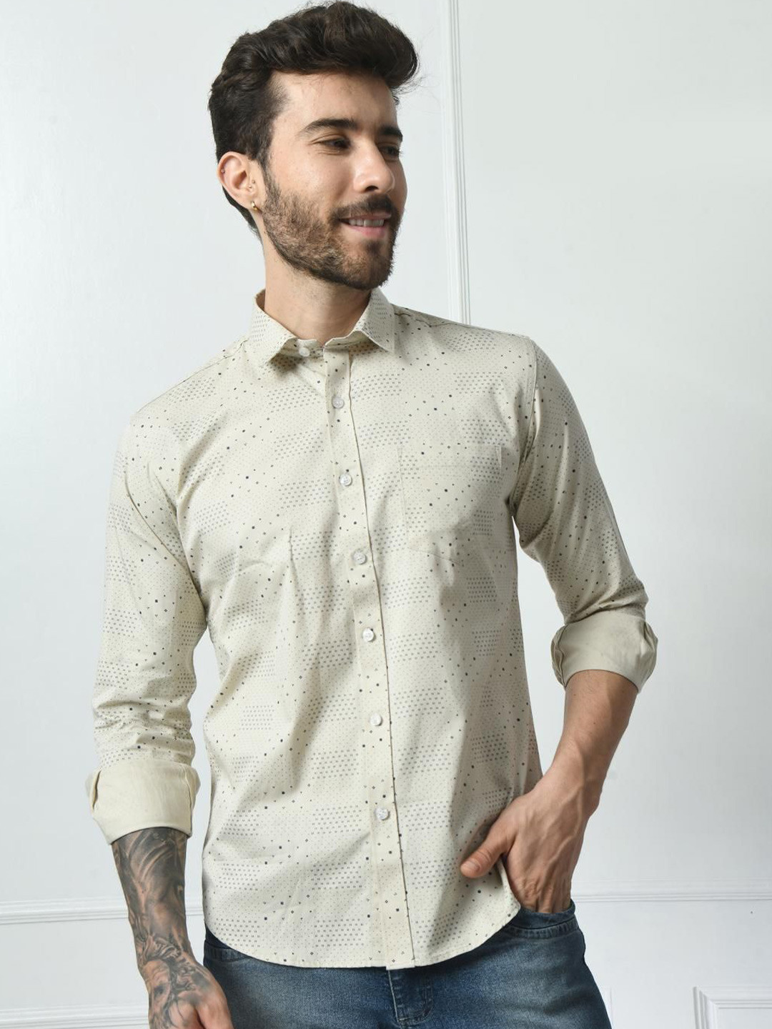 PEBCO Men Classic Spread Collar Micro Ditsy Printed Cotton Slim Fit Casual Shirt