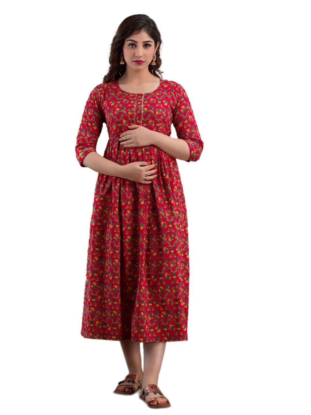 SHOOLIN Printed Cotton Maternity Fit & Flare Midi Dress