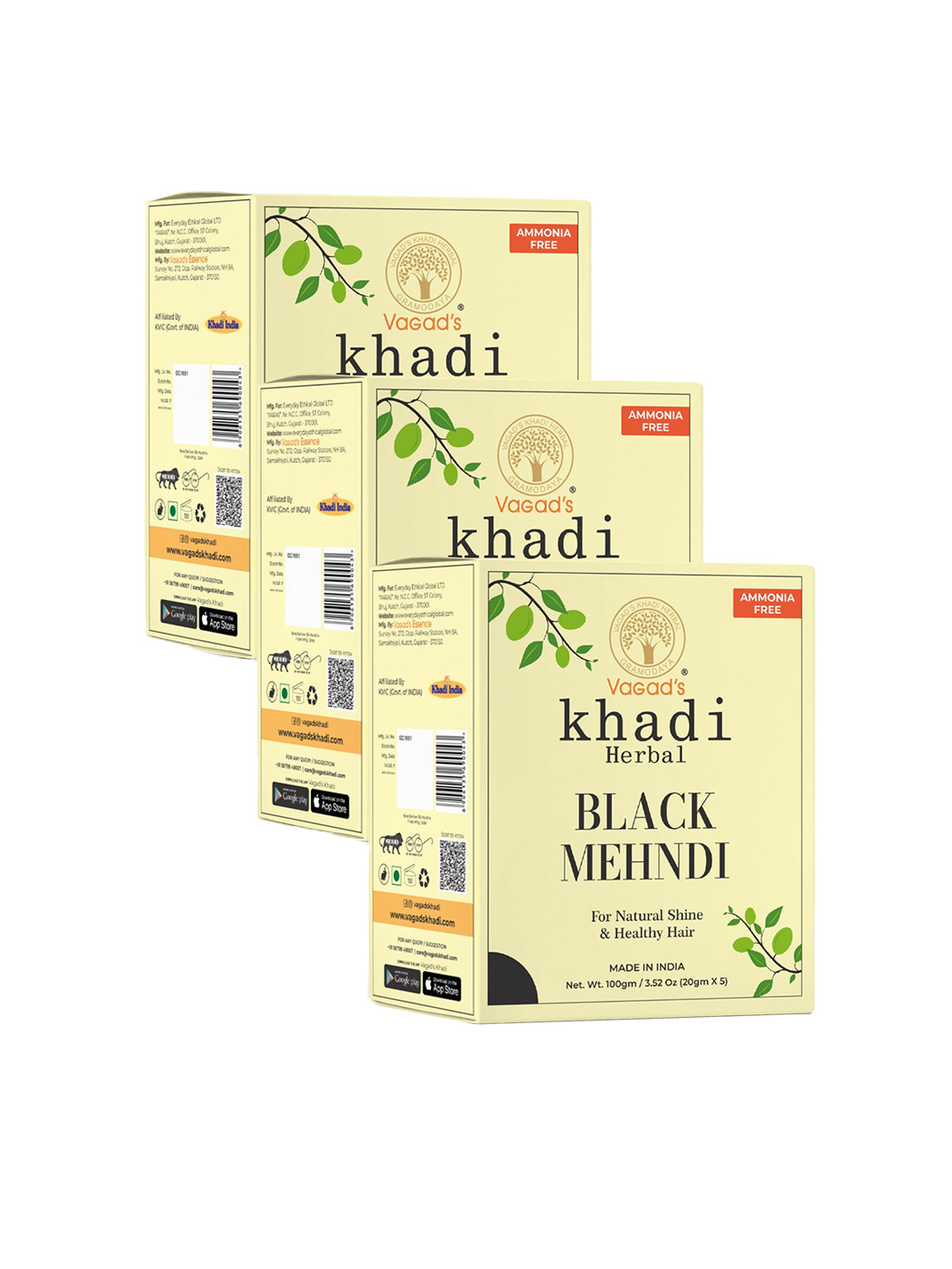 Vagads Khadi Set Of 3 Black Mehndi with Amla Powder - 100 gm Each
