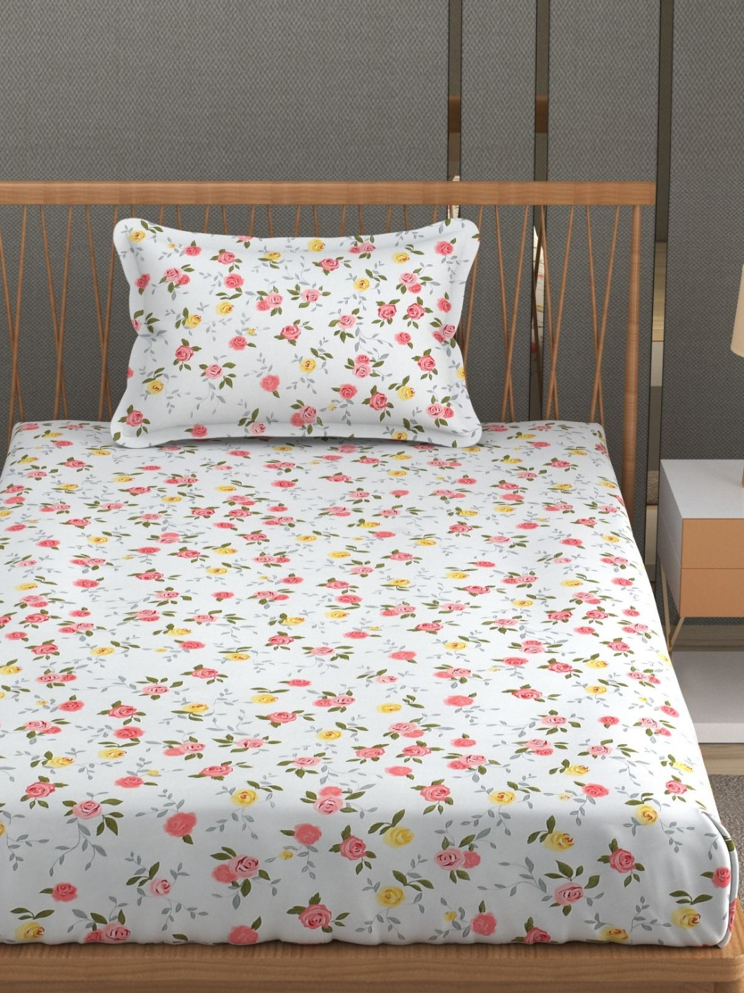 MallowWorld Design5 White Floral Microfiber 200 TC Single Fine Bedsheet with a Pillow Cover-150 x 228 cm