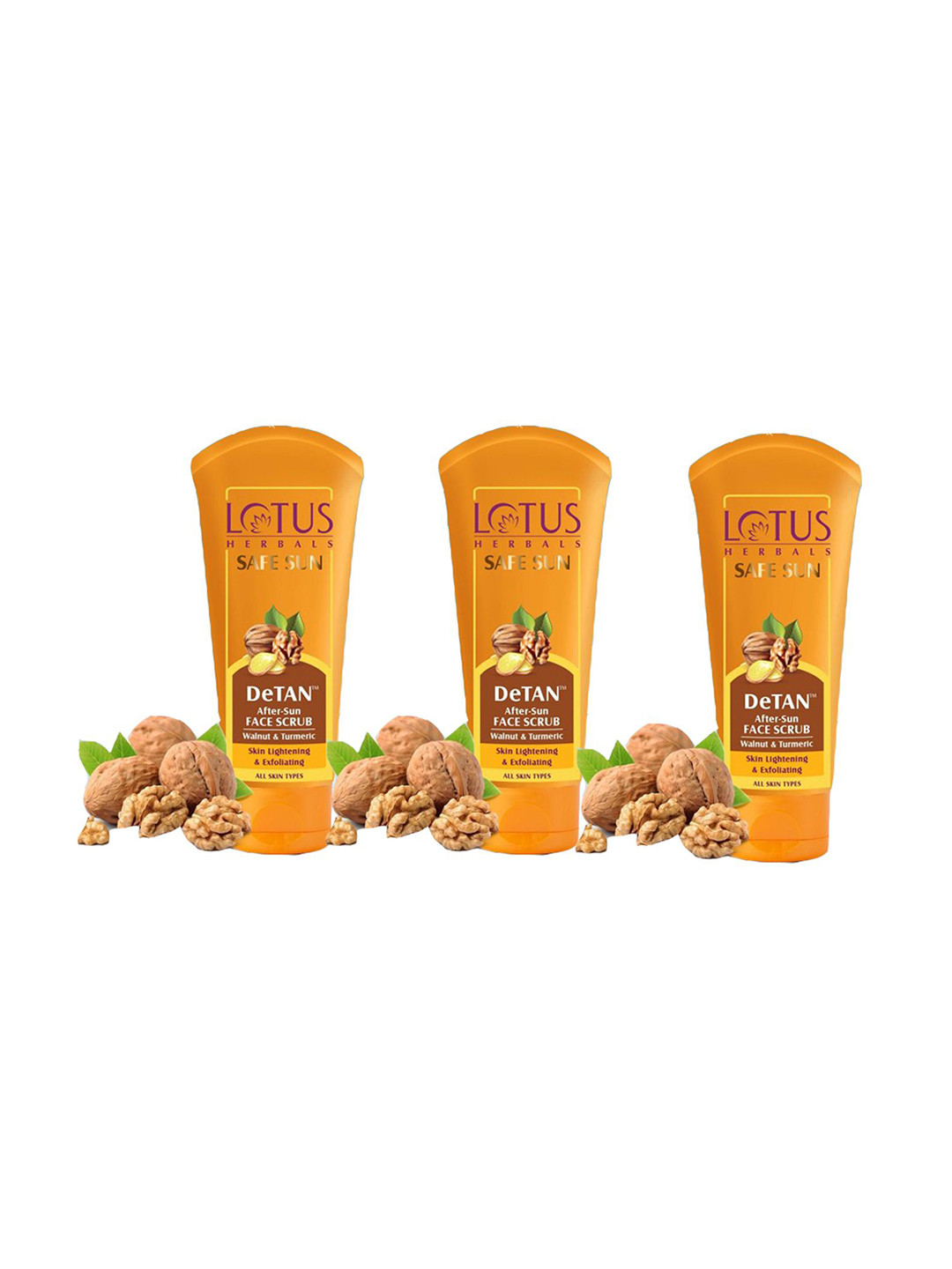 Lotus Herbals Safe Sun Set Of 3 DeTAN After-Sun Face Scrub With  Walnut & Turmeric-100g