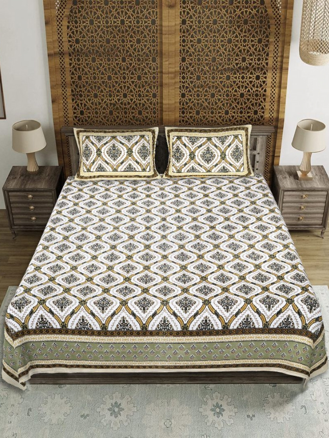 EasyGoods Hawamahal_06 Green Ethnic Motifs Cotton 210 TC King Fine Bedsheet with 2 Pillow Covers-90 x 103 inches