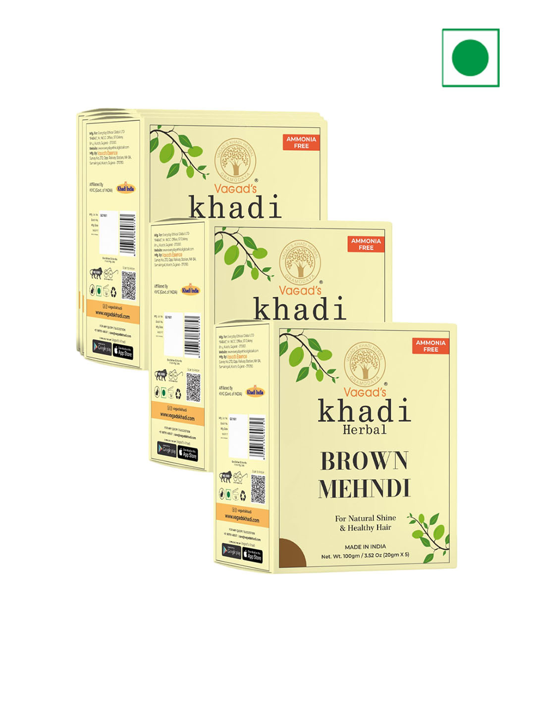 Vagads Khadi Set Of 3  Brown Mehndi For Natural Shine & Healthy Hair - 100g Each