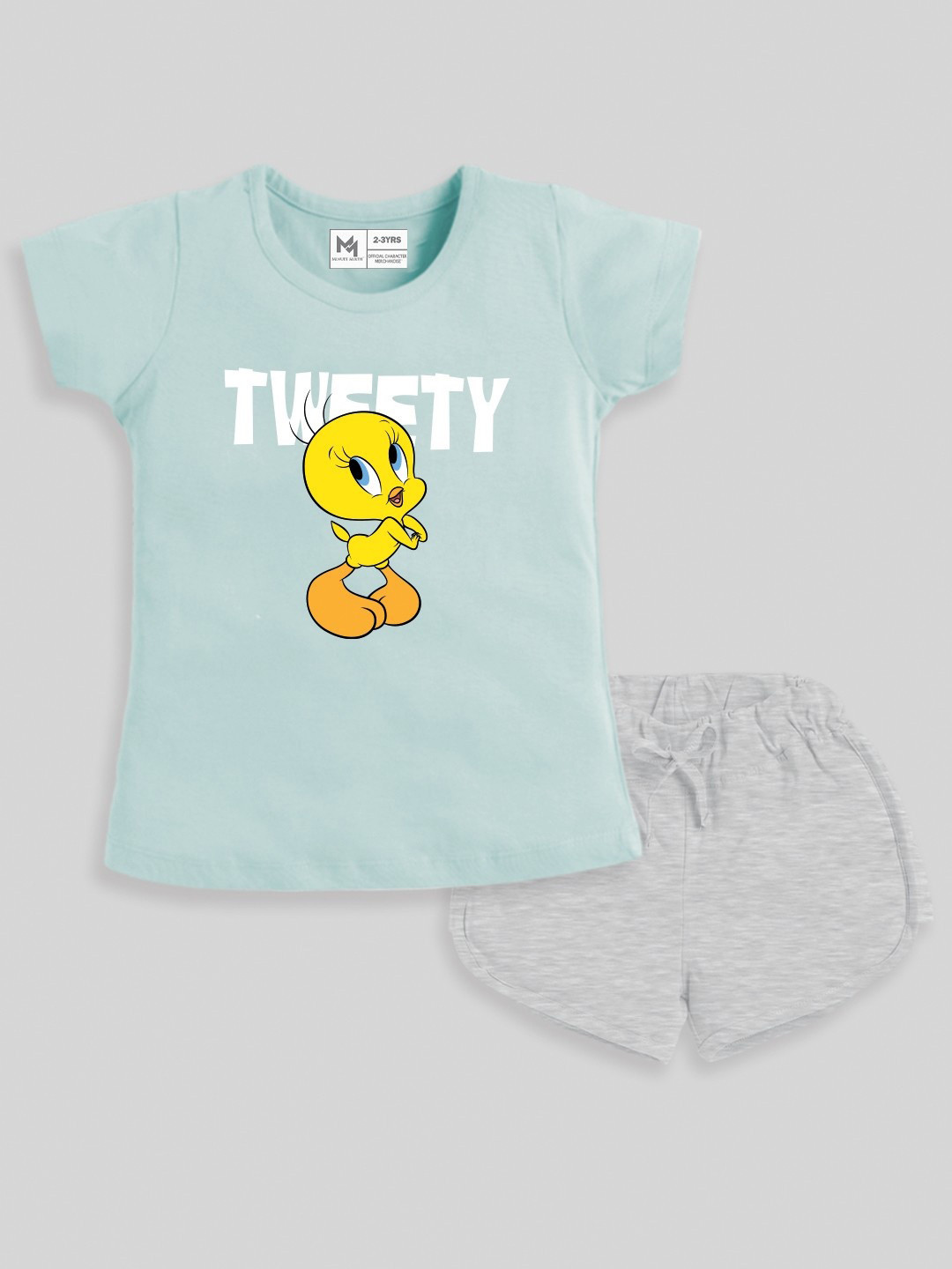 YK X Minute Mirth Girls Tweety Printed Half Sleeve Pure Cotton T- Shirt with Shorts
