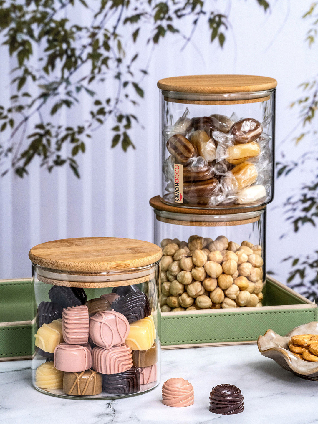 GOODHOMES Transparent & Brown 3 Pieces Glass & Wooden Containers With Lid 685 ml Each