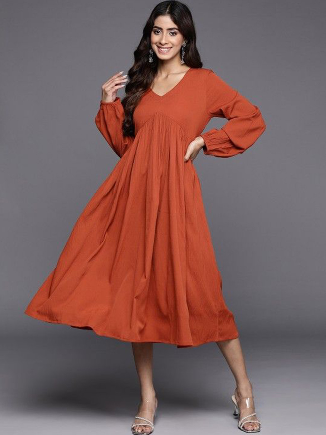 Varanga Puff Sleeves Fit and Flare Midi Dress
