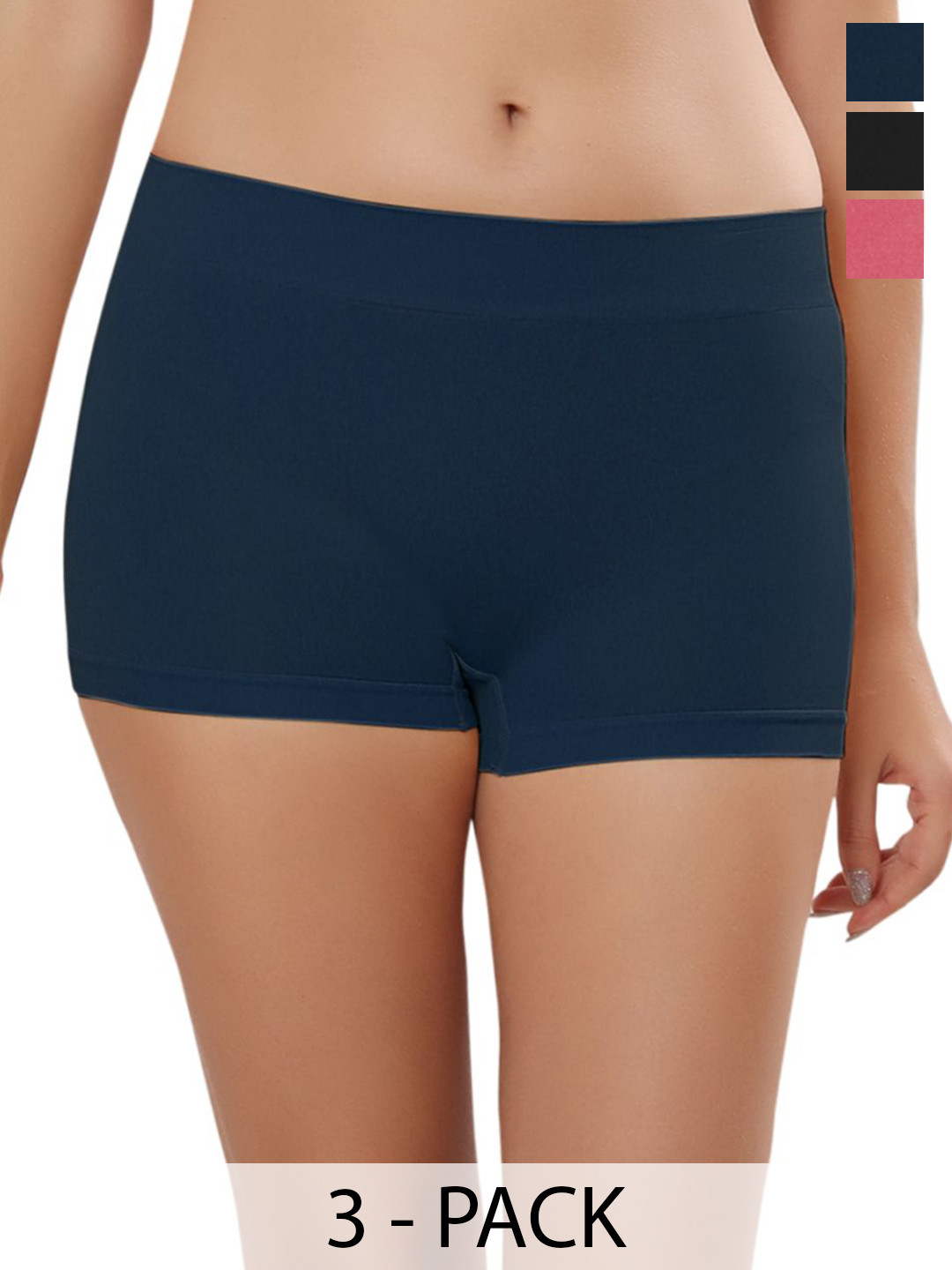 Bella Voste Pack Of 3 Seamless Boy Shorts Briefs PT-4603-Black-Pink-Blue-M