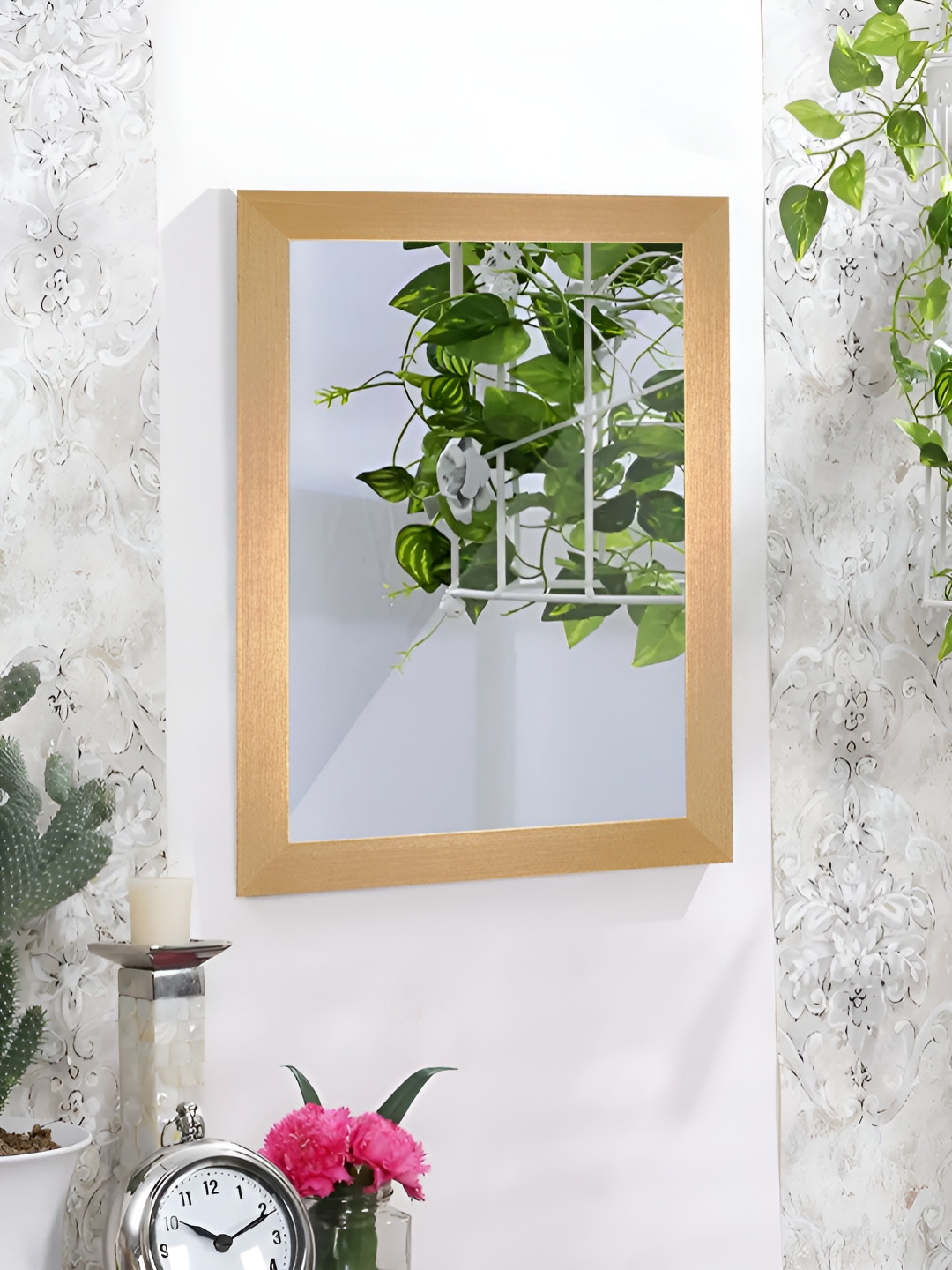 Art Street Gold Toned Rectangle Wall Mirror With Wooden Frame